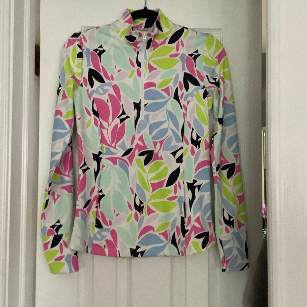 Tommy Bahama Pink and Green Leaf Print Golf Shirt